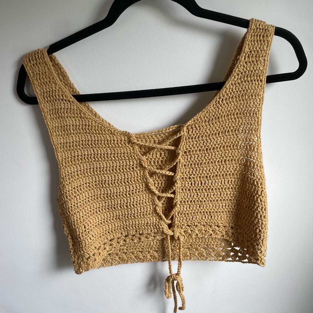 Dreamers by Debut NWOT Knit Crochet Mustard bohemian Crop Top Summer Large (J) - Picture 3 of 3
